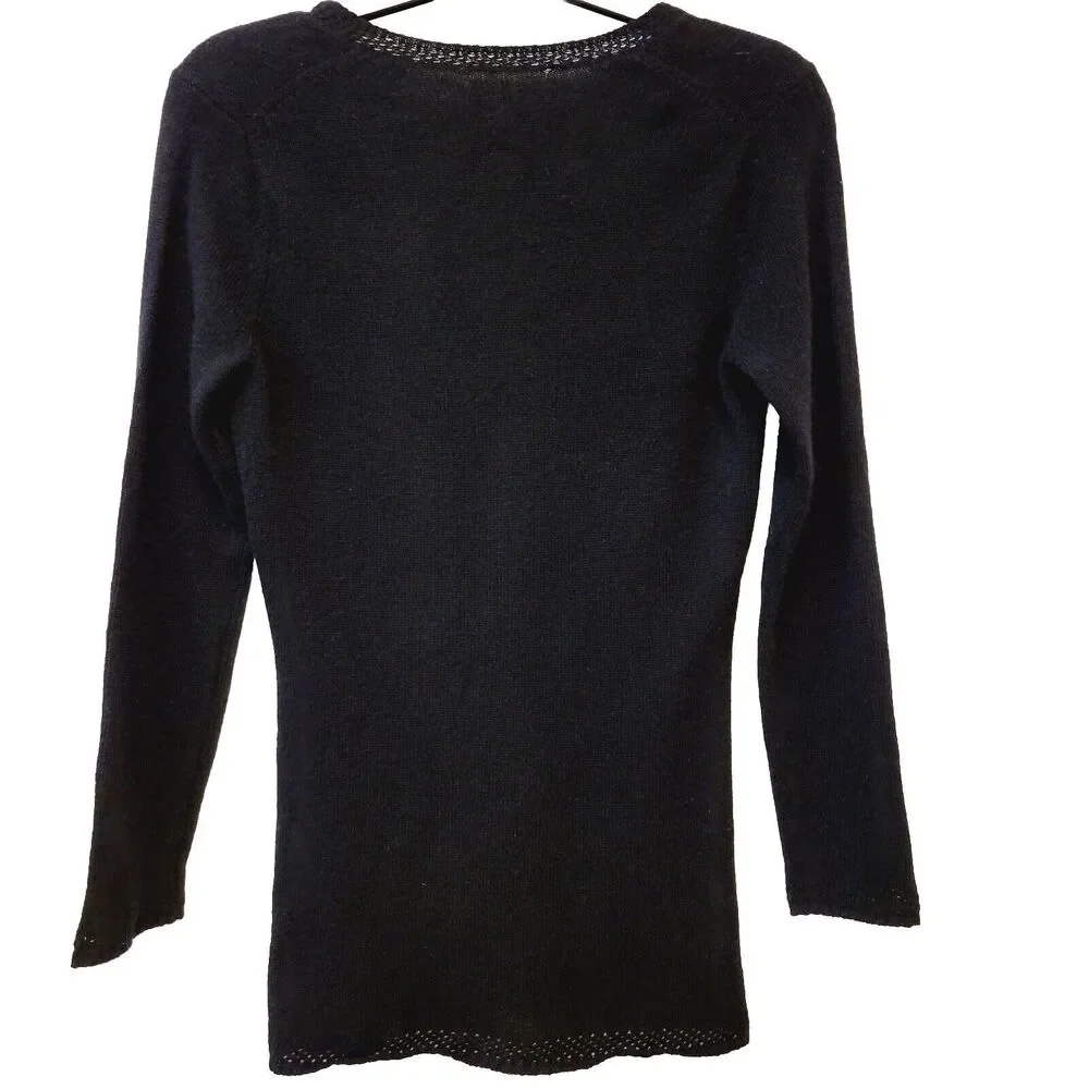 100% Cashmere V-neck Black Azure Finish Long Sleeve Women Sz XS Sweater